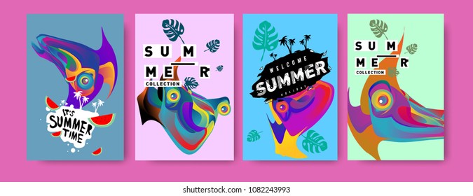 Vector colorful summer tropical collection poster and background. Bird and animal illustration for fashion and fabric printed. Set of summer collection in eps10.