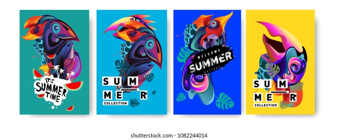 Vector colorful summer tropical collection poster and background. Bird and animal illustration for fashion and fabric printed. Set of summer collection in eps10.