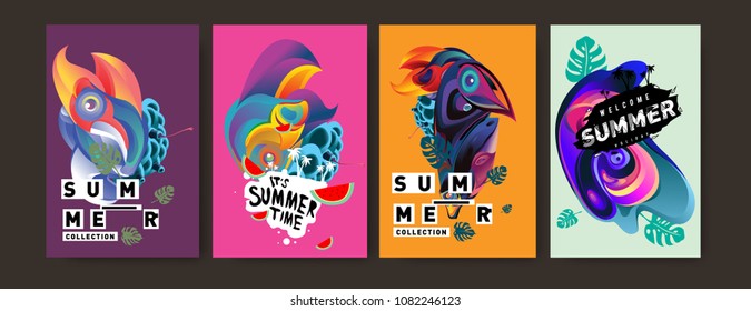 Vector colorful summer tropical collection poster and background. Bird and animal illustration for fashion and fabric printed. Set of summer collection in eps10.