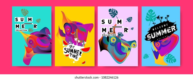 Vector colorful summer tropical collection poster and background. Bird and animal illustration for fashion and fabric printed. Set of summer collection in eps10.