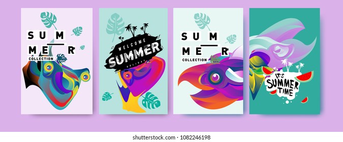 Vector colorful summer tropical collection poster and background. Bird and animal illustration for fashion and fabric printed. Set of summer collection in eps10.