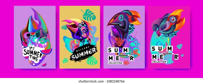 Vector colorful summer tropical collection poster and background. Bird and animal illustration for fashion and fabric printed. Set of summer collection in eps10.