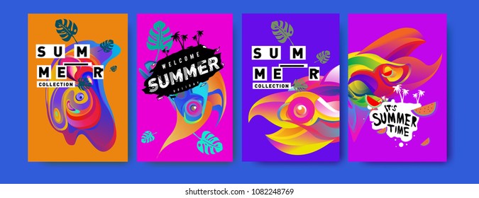 Vector colorful summer tropical collection poster and background. Bird and animal illustration for fashion and fabric printed. Set of summer collection in eps10.