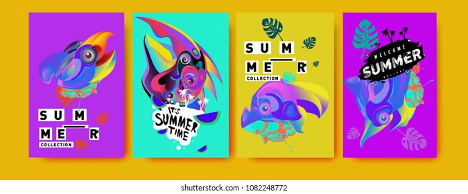 Vector colorful summer tropical collection poster and background. Bird and animal illustration for fashion and fabric printed. Set of summer collection in eps10.