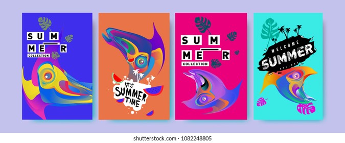 Vector colorful summer tropical collection poster and background. Bird and animal illustration for fashion and fabric printed. Set of summer collection in eps10.