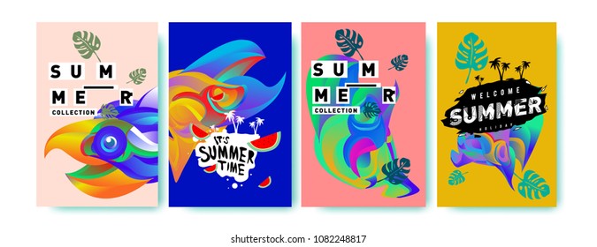 Vector colorful summer tropical collection poster and background. Bird and animal illustration for fashion and fabric printed. Set of summer collection in eps10.