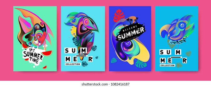 Vector colorful summer tropical collection poster and background. Bird and animal illustration for fashion and fabric printed. Set of summer collection in eps10.