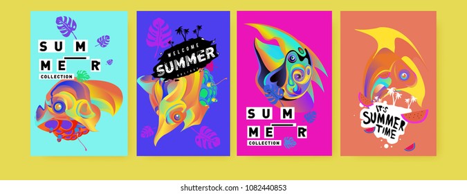 Vector colorful summer tropical collection poster and background. Bird and animal illustration for fashion and fabric printed. Set of summer collection in eps10.