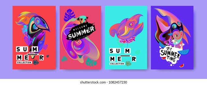 Vector colorful summer tropical collection poster and background. Bird and animal illustration for fashion and fabric printed. Set of summer collection in eps10.