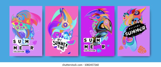 Vector colorful summer tropical collection poster and background. Bird and animal illustration for fashion and fabric printed. Set of summer collection in eps10.