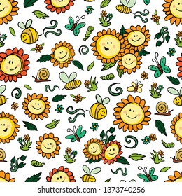 Vector colorful sunflowers and bees repeat pattern with white background. Suitable for gift wrap, textile and wallpaper.
