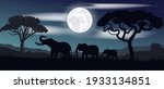 Vector colorful. Sunset. Safari. Travel. Elephant family