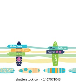 Vector colorful surfboards seamless border. Perfect summer beachwear, modern children, boys apparel, fabric, scrapbooking, nursery decor, wallpaper, wrapping paper