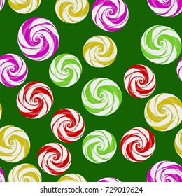 Vector Colorful Sweet Candy Seamless Pattern on Green Background