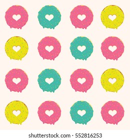 Vector colorful sweet donuts seamless pattern. Cute and bright set of donuts with shape of heart inside. Flat design, vector illustration for Valentine's day postcard.