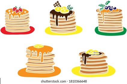 Vector colorful sweet tasty pancakes with syrup, fruits, berries and chocolate