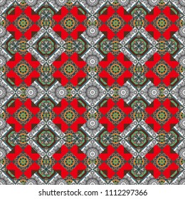 Vector colorful symmetrical seamless geometric pattern for textile, tiles and design in gray, pink and brown tones.