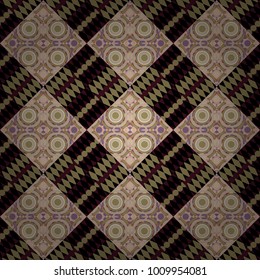 Vector colorful symmetrical seamless pattern for textile, tiles and design in beige, black and green tones.