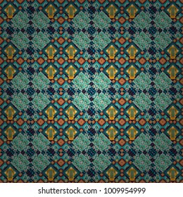 Vector colorful symmetrical seamless pattern for textile, tiles and design in blue, brown and black tones.