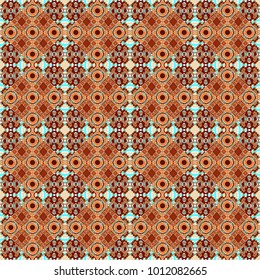 Vector colorful symmetrical seamless pattern for textile, tiles and design in red, orange and blue tones.