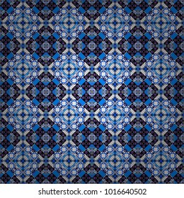 Vector colorful symmetrical seamless pattern for textile, tiles and design in violet, blue and black tones.