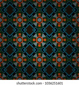 Vector colorful symmetrical seamless pattern for textile, tiles and design in green, black and brown tones.