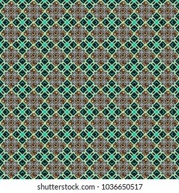 Vector colorful symmetrical seamless pattern for textile, tiles and design in brown, beige and blue tones.