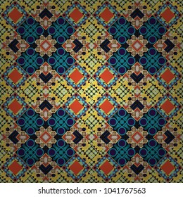 Vector colorful symmetrical seamless pattern for textile, tiles and design in orange, blue and black tones.