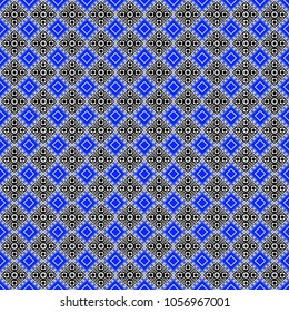 Vector colorful symmetrical seamless pattern for textile, tiles and design in blue, black and white tones.