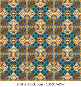 Vector colorful symmetrical seamless pattern for textile, tiles and design in green, blue and pink tones.