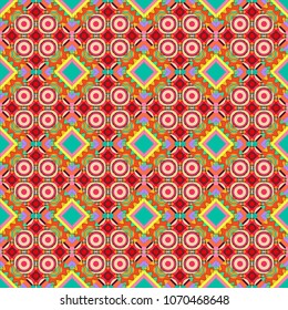 Vector colorful symmetrical seamless pattern for textile, tiles and design in beige, orange and pink tones.