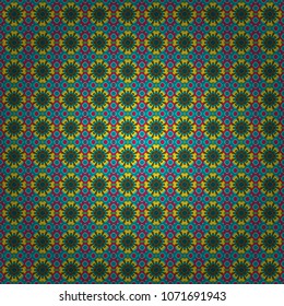 Vector colorful symmetrical seamless pattern for textile, tiles and design in yellow, pink and blue tones.