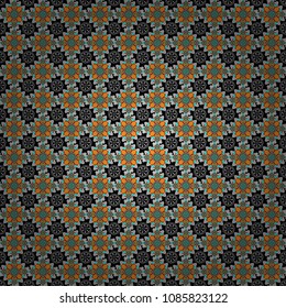 Vector colorful symmetrical seamless pattern for textile, tiles and design in yellow, black and gray tones.