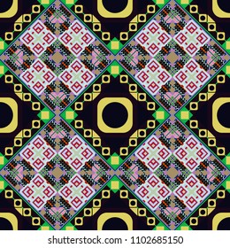 Vector colorful symmetrical seamless pattern for textile, tiles and design in yellow, blue and black tones.