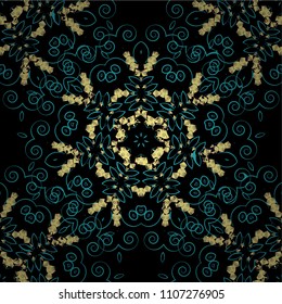 Vector colorful symmetrical seamless pattern for textile, tiles and design in black, violet and blue tones.