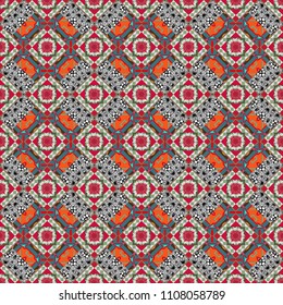 Vector colorful symmetrical seamless pattern for textile, tiles and design in red, green and gray tones.