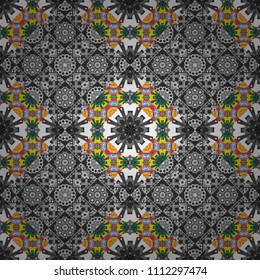Vector colorful symmetrical seamless pattern for textile, tiles and design in blue, gray and brown tones.
