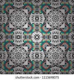 Vector colorful symmetrical seamless pattern for textile, tiles and design in blue, gray and white tones.
