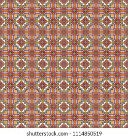 Vector colorful symmetrical seamless pattern for textile, tiles and design in orange, brown and gray tones.