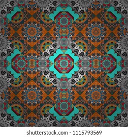 Vector colorful symmetrical seamless pattern for textile, tiles and design in gray, orange and blue tones.