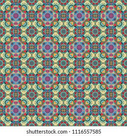Vector colorful symmetrical seamless pattern for textile, tiles and design in green, gray and brown tones.