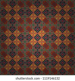 Vector colorful symmetrical seamless pattern for textile, tiles and design in blue, brown and red tones.