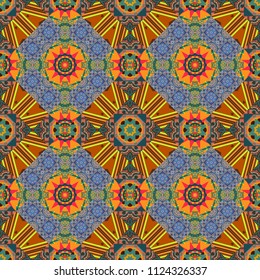 Vector colorful symmetrical seamless pattern for textile, tiles and design in brown, blue and orange tones.