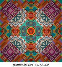 Vector colorful symmetrical seamless pattern for textile, tiles and design in orange, blue and beige tones.