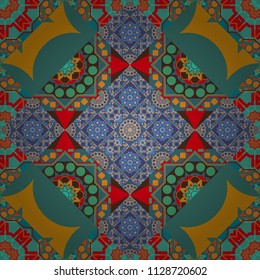 Vector colorful symmetrical seamless pattern for textile, tiles and design in yellow, blue and green tones.