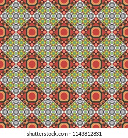 Vector colorful symmetrical seamless pattern for textile, tiles and design in gray, green and magenta tones.