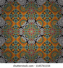 Vector colorful symmetrical seamless pattern for textile, tiles and design in orange, gray and blue tones.