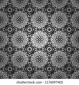 Vector colorful symmetrical seamless pattern for textile, tiles and design in gray, black and white tones.