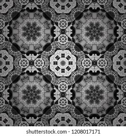 Vector colorful symmetrical seamless pattern for textile, tiles and design in gray, black and white tones.