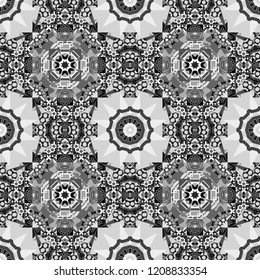 Vector colorful symmetrical seamless pattern for textile, tiles and design in black, white and gray tones.